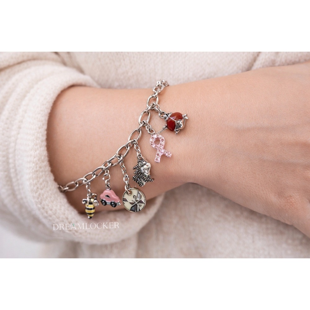 Swarovski Charm Bracelet Disney Thumper Ladybug Bee Car Pink Ribbon Swan Crystal